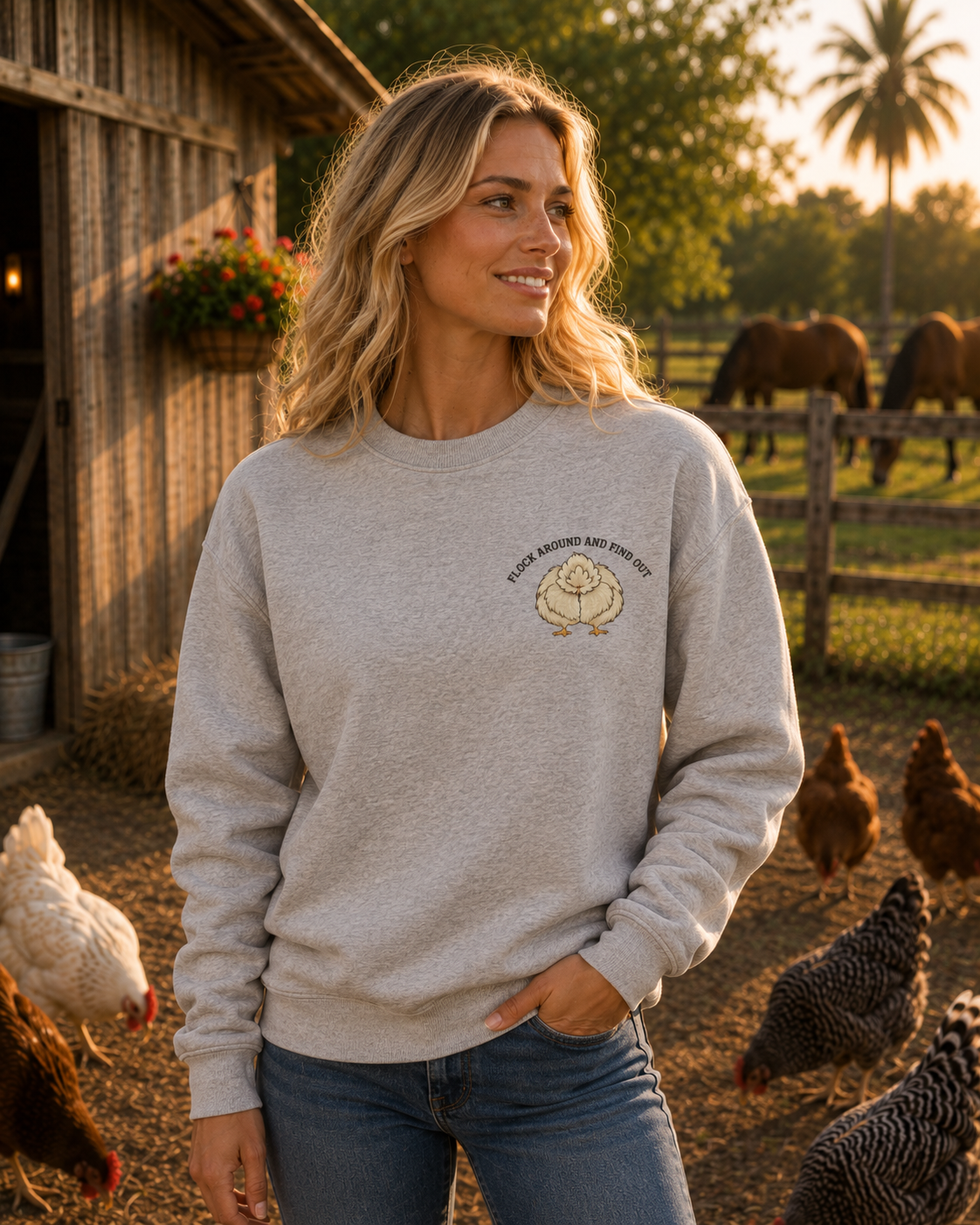 Lifestyle photo of ash grey Flock Around and Find Out sweatshirt at golden hour
