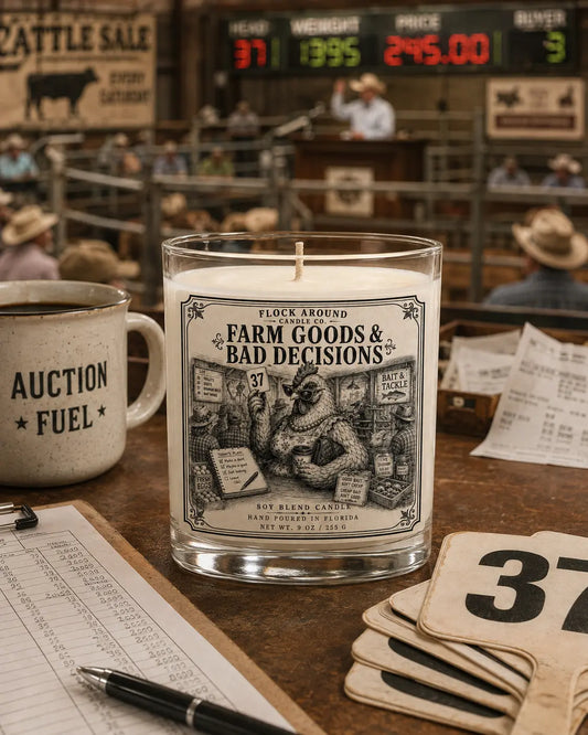 Auction Day Candle 9 oz at the cattle sale ring