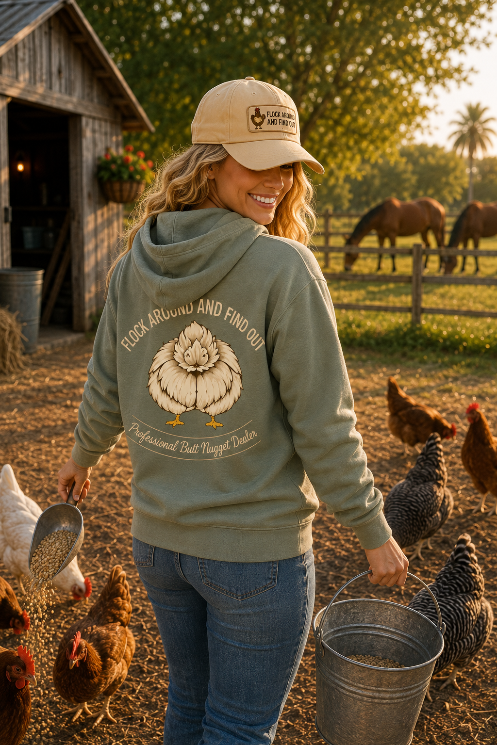 Model feeding chickens at golden hour in the sage hoodie