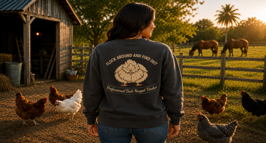 Back view of washed charcoal sweatshirt with Professional Butt Nugget Dealer emblem