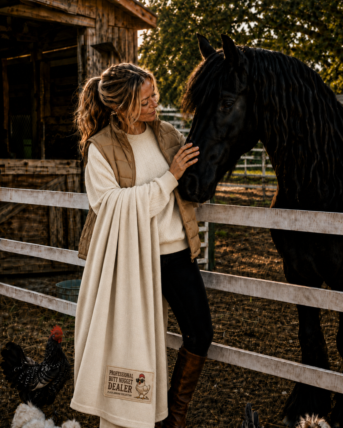 Woman on a farm wrapped in the cream Flock Around fleece stadium blanket