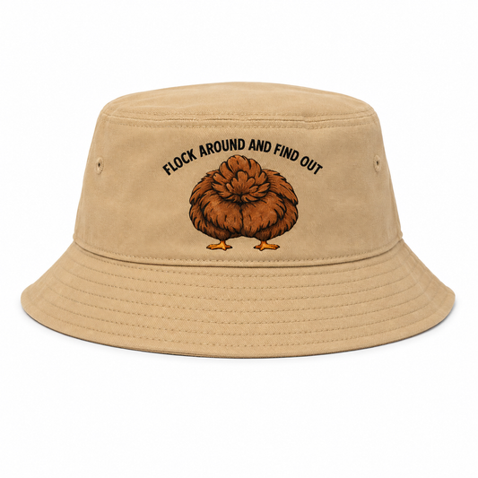 Flock Around and Find Out khaki bucket hat, embroidered front