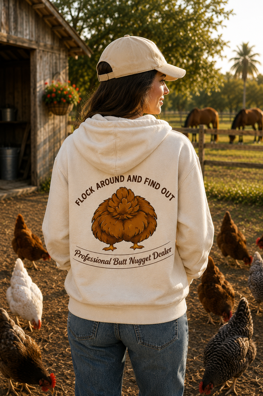 Flock Around and Find Out women's cream hoodie, back graphic on model