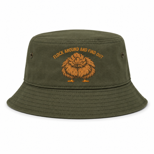 Olive bucket hat with gold embroidered Flock Around and Find Out silkie hen, front view