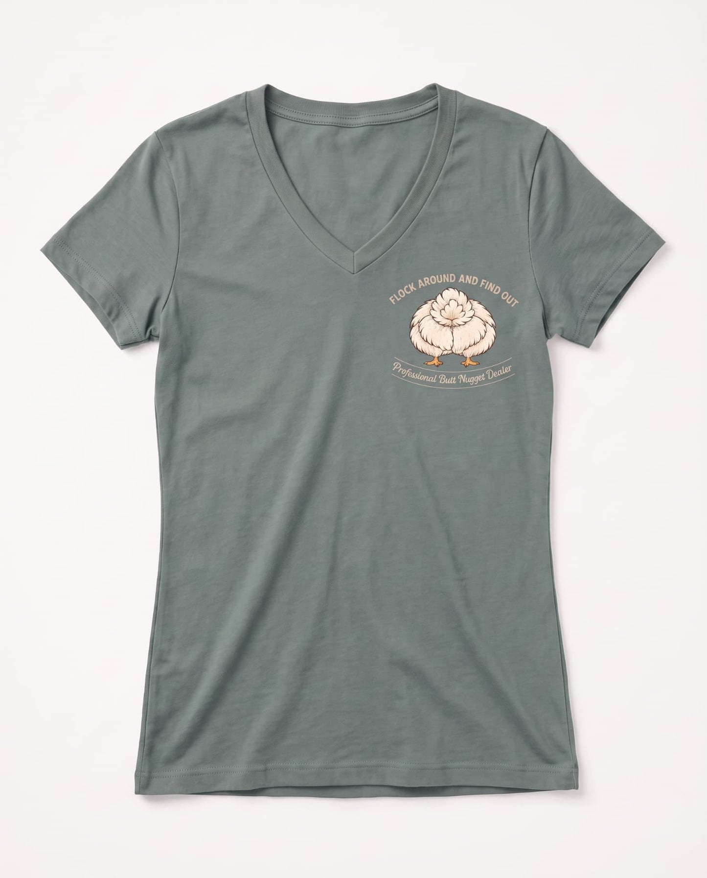 Flock Around and Find Out v-neck tee in sage, flat front