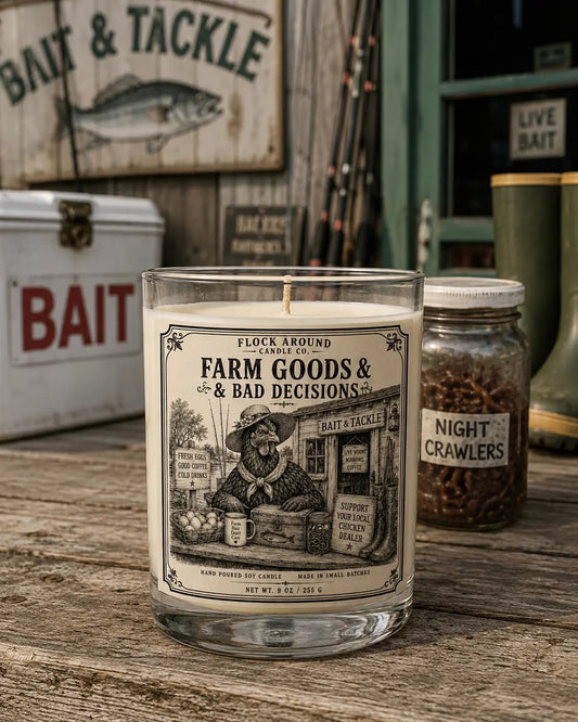 Support Your Local Chicken Dealer Candle 9 oz by the bait and tackle sign