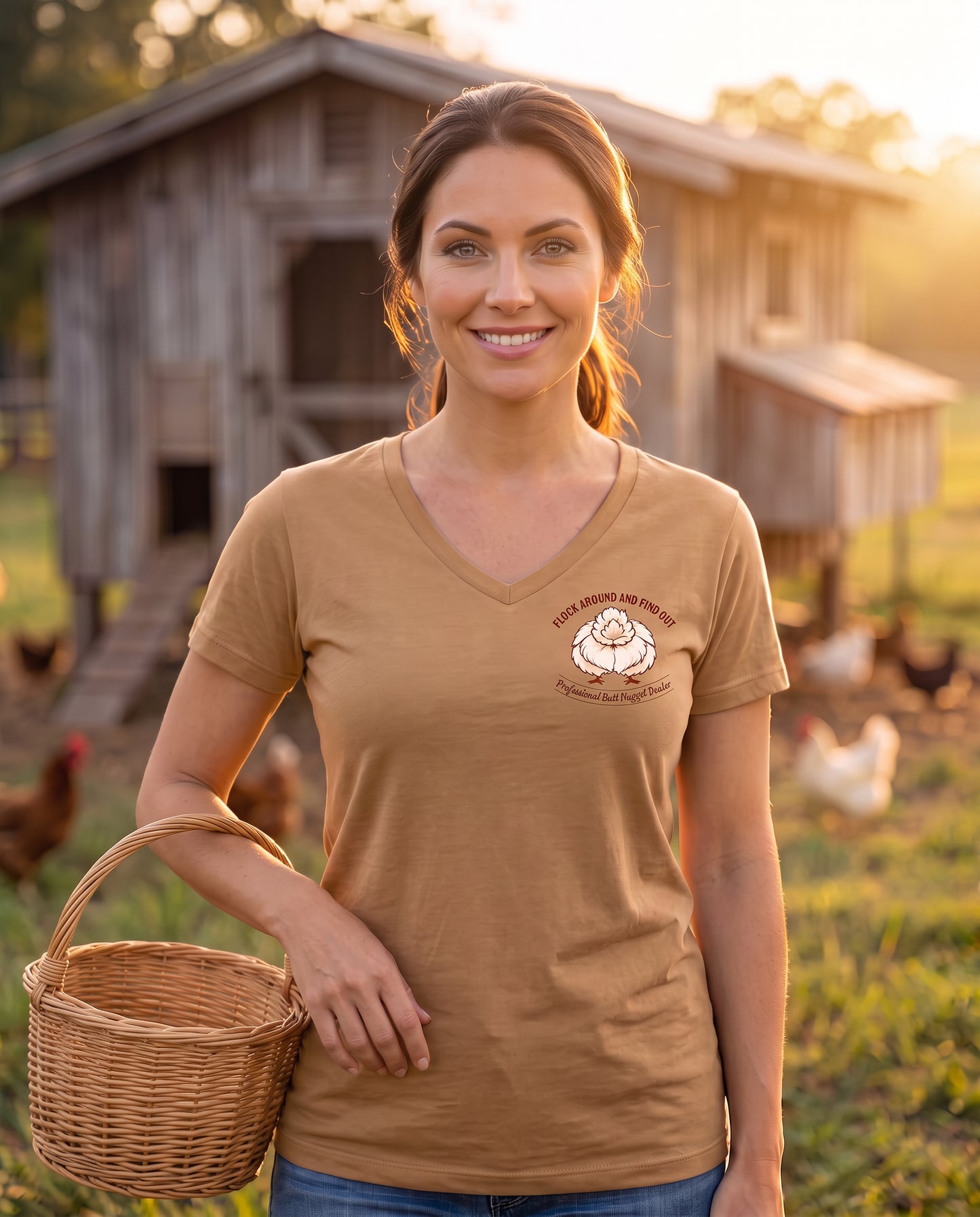 Model wearing caramel Flock Around and Find Out t-shirt at the coop with egg basket at golden hour