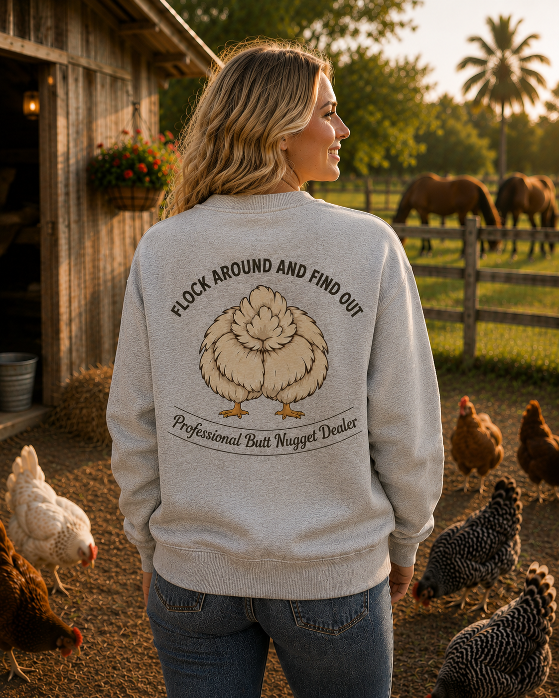 Model wearing ash grey Flock Around and Find Out sweatshirt back view with chickens
