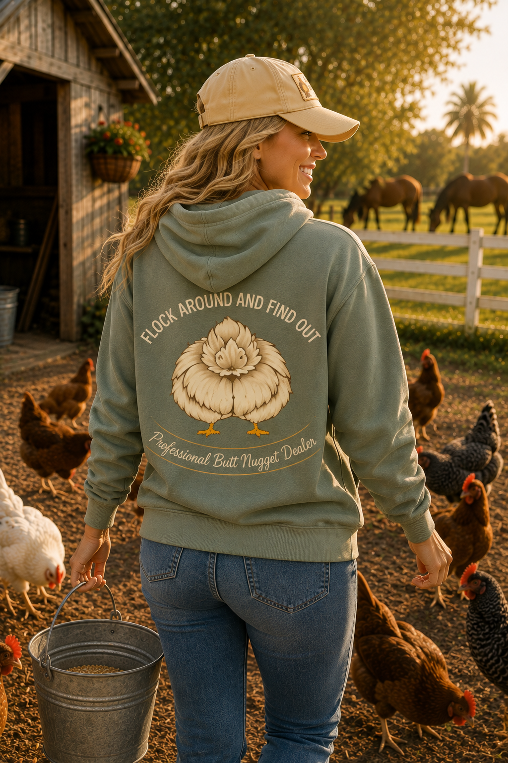 Flock Around and Find Out women's sage hoodie back graphic on model