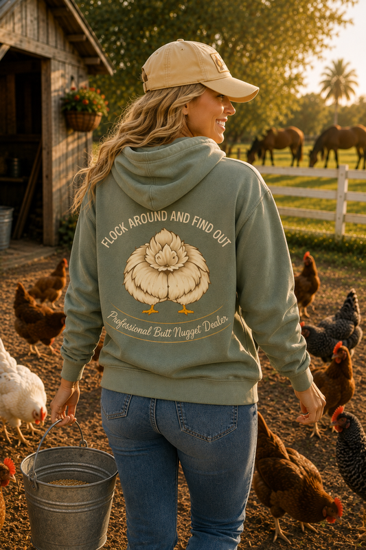 Flock Around and Find Out women's sage hoodie back graphic on model