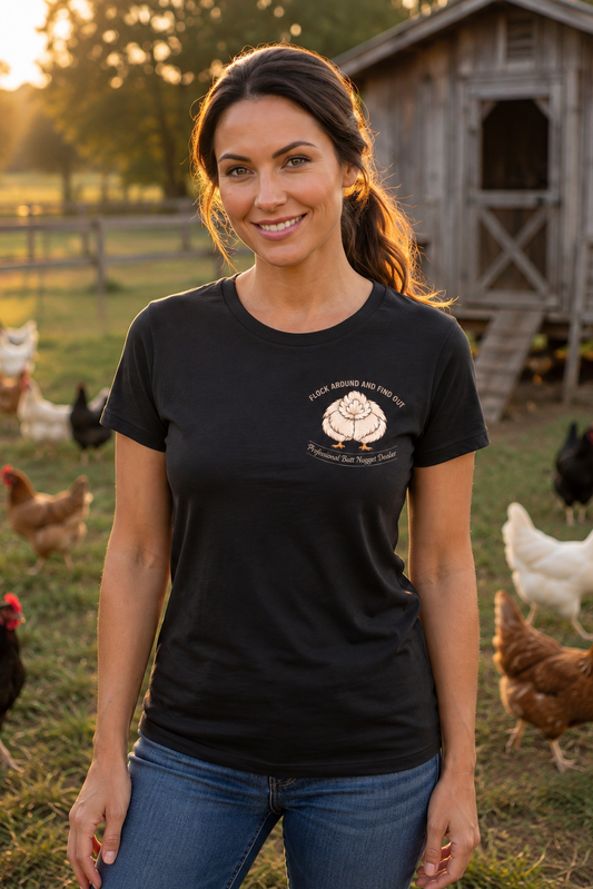 Flock Around and Find Out women's black tee, front on model at the coop