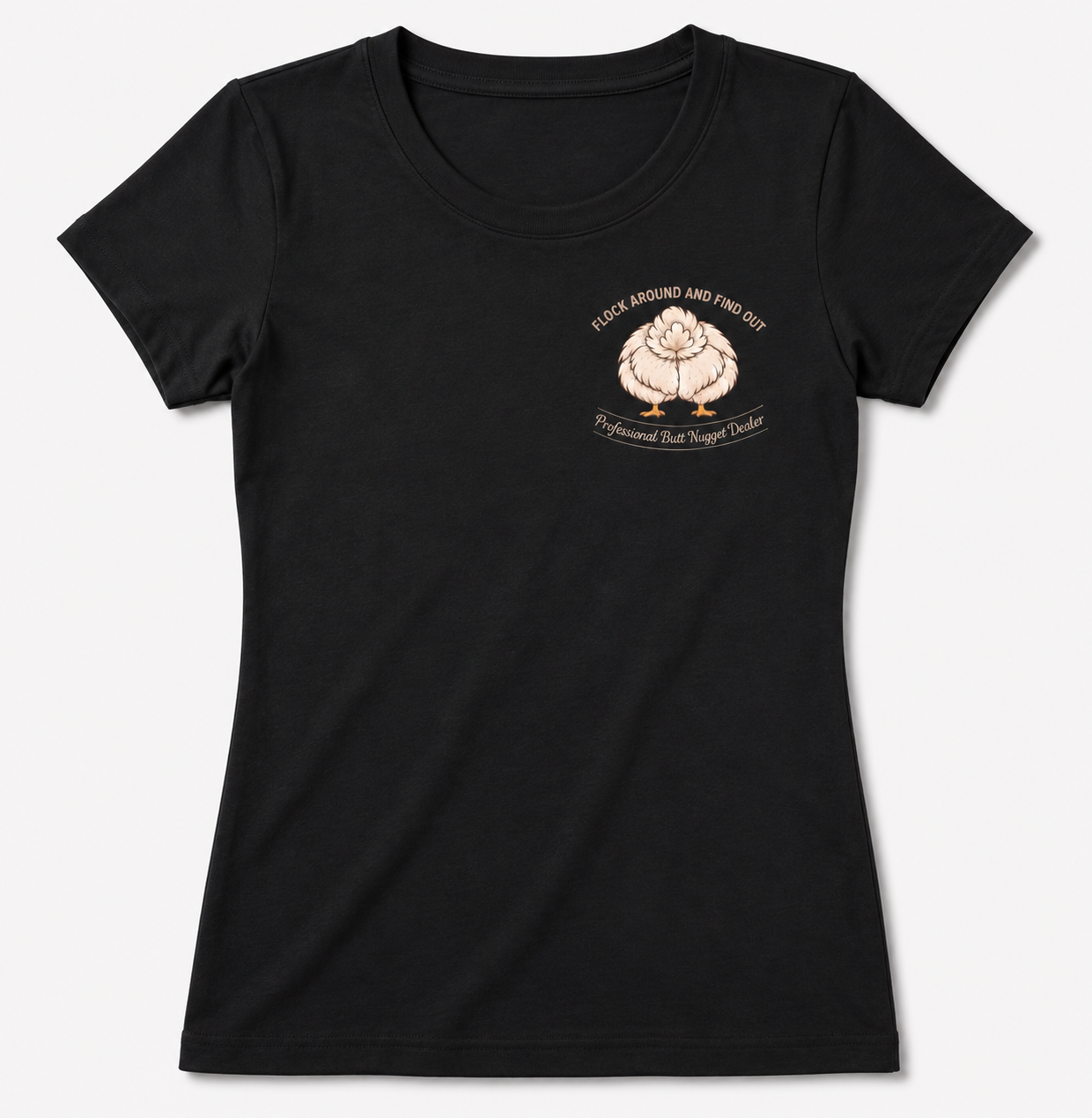 Black women's tee flat front with left chest emblem