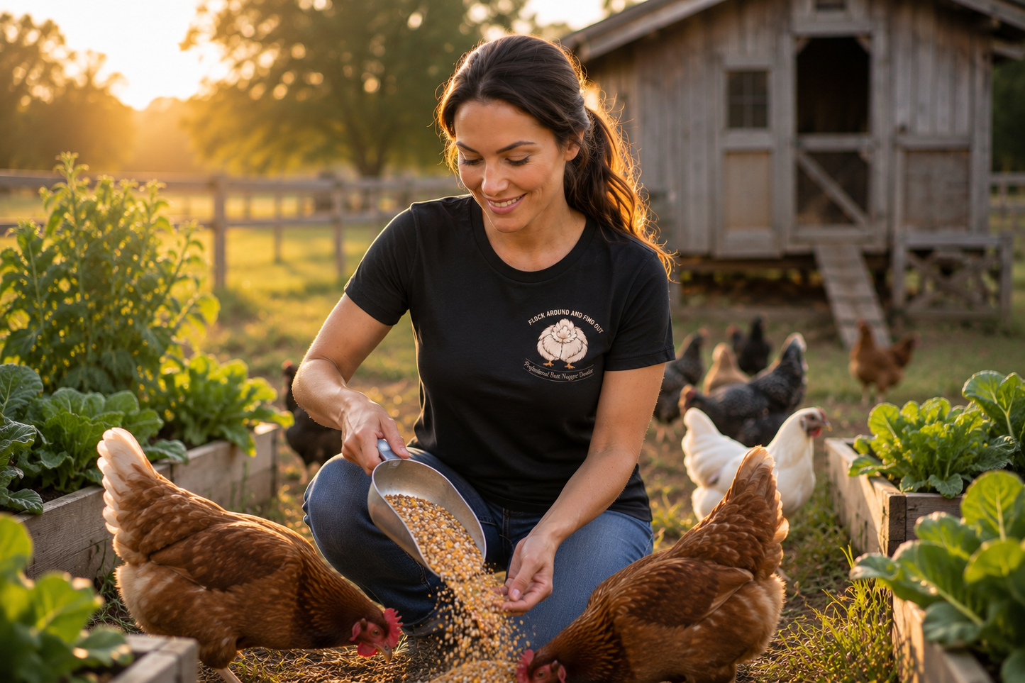 Lifestyle photo, feeding the flock in the black Flock Around and Find Out tee