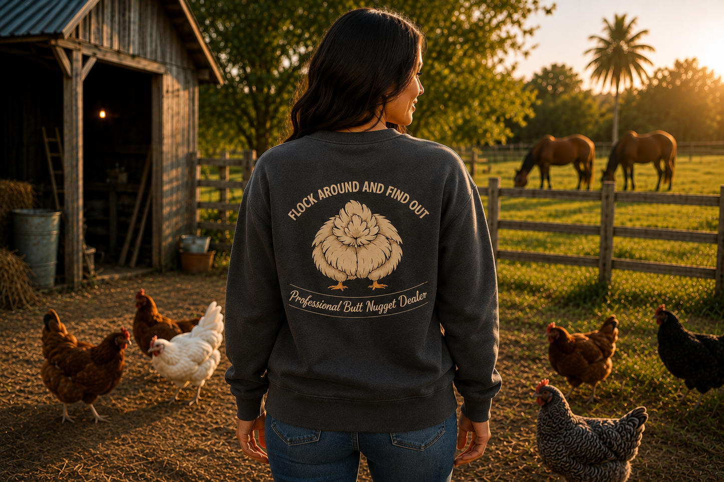 Back view of washed charcoal sweatshirt with Professional Butt Nugget Dealer emblem