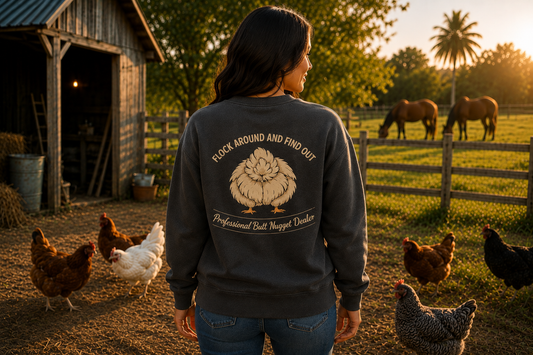 Back view of washed charcoal sweatshirt with Professional Butt Nugget Dealer emblem