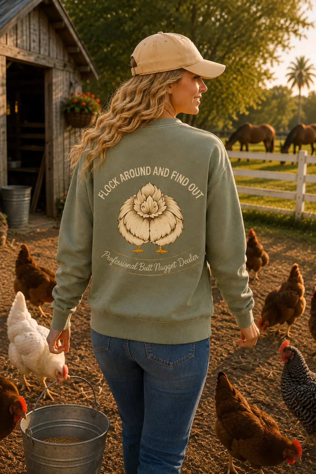 Back view of sage sweatshirt with Professional Butt Nugget Dealer emblem
