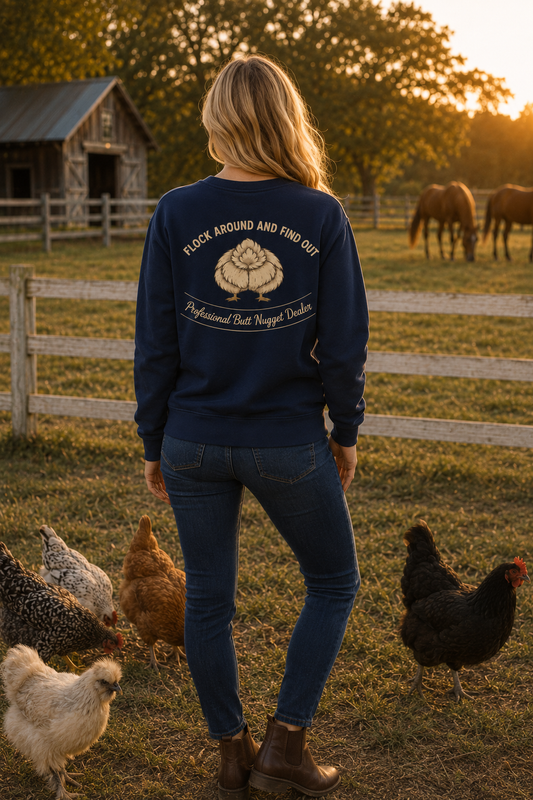 Back view of navy sweatshirt with Professional Butt Nugget Dealer emblem