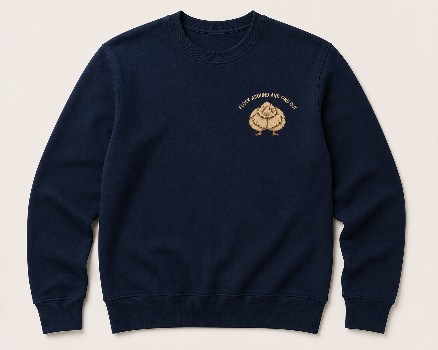 Navy sweatshirt flat front with gold Silkie hen chest logo