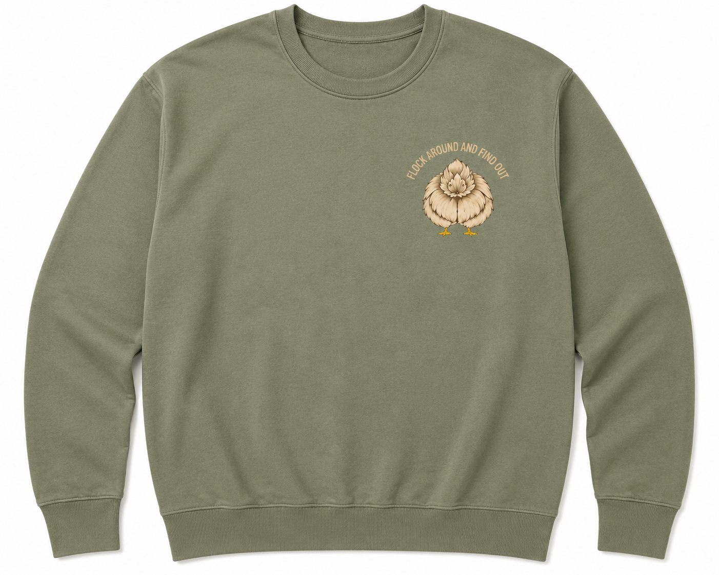Sage sweatshirt flat front with gold Silkie hen chest logo