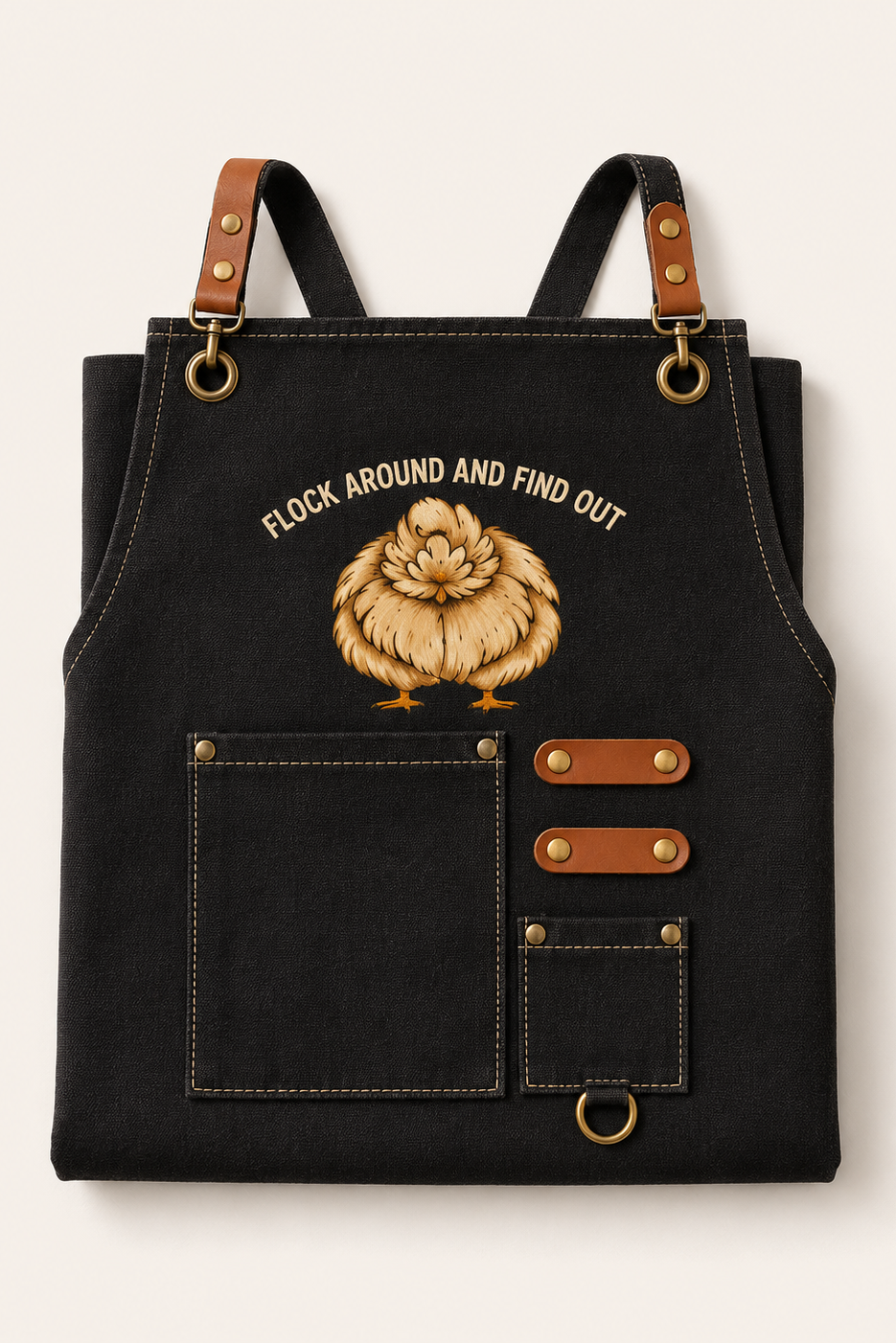 Flock Around Chore Apron in black washed canvas, front view