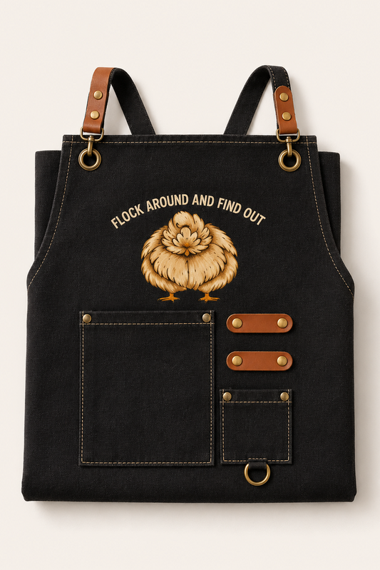 Flock Around Chore Apron in black washed canvas, front view