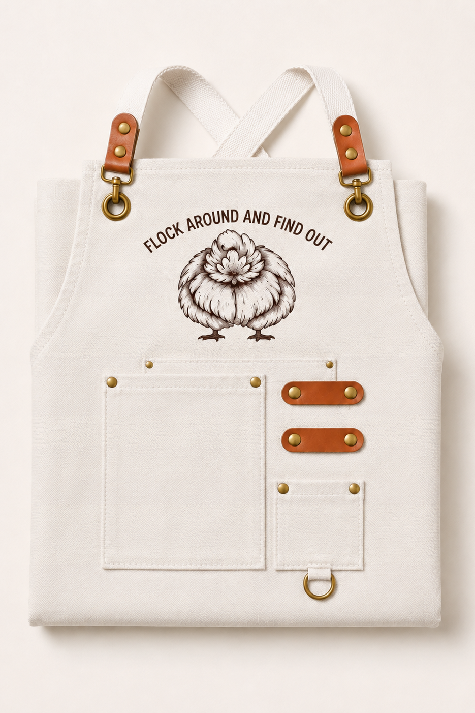 Cream Flock Around And Find Out chore apron, front view with Silkie hen chest print