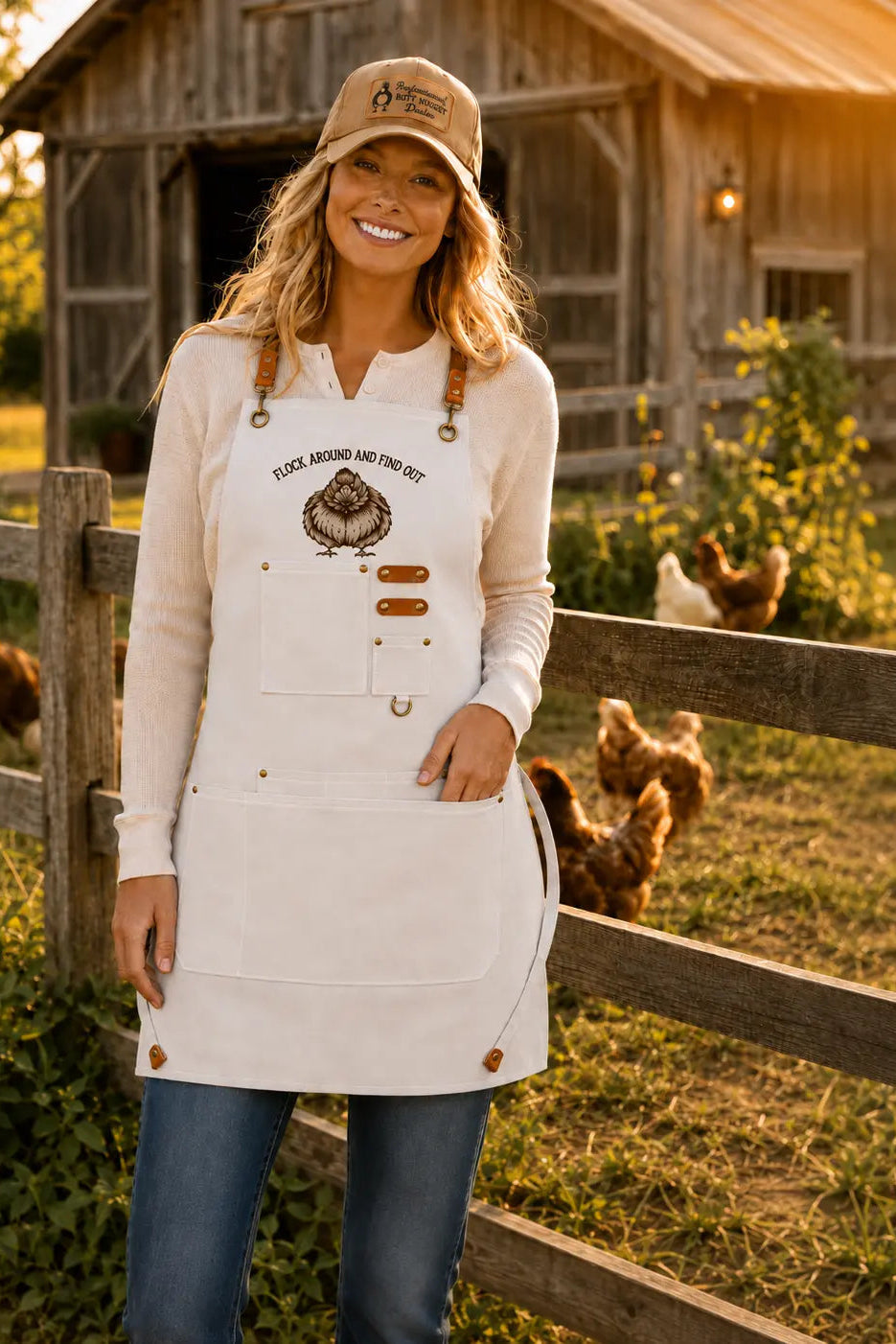 Cream Flock Around chore apron worn on model at the barn, front view