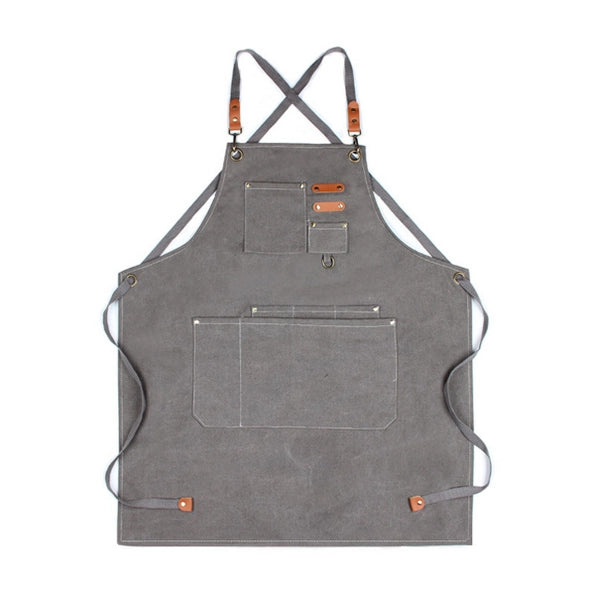 Washed grey chore apron pocket and hardware detail