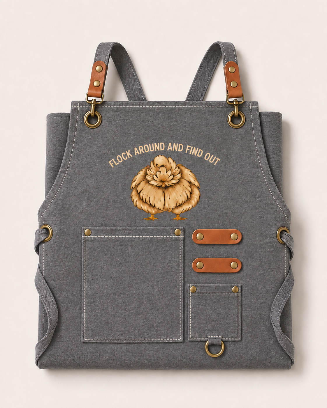 Flock Around Chore Apron in washed grey canvas, front view