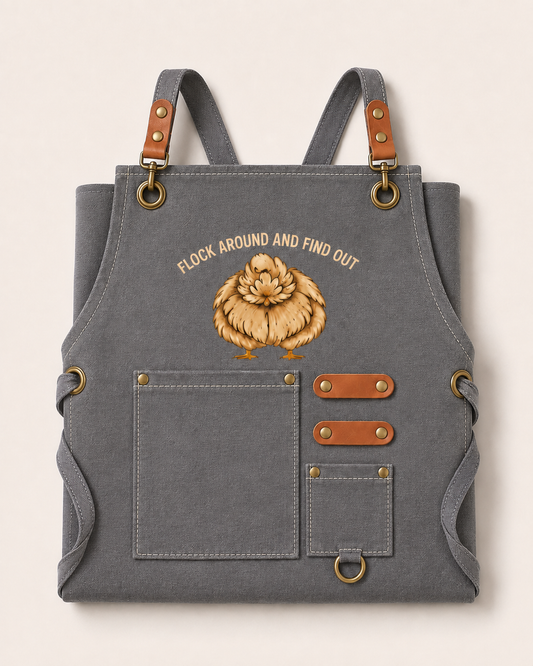 Flock Around Chore Apron in washed grey canvas, front view