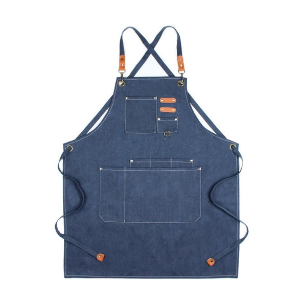 Navy chore apron pocket and hardware detail
