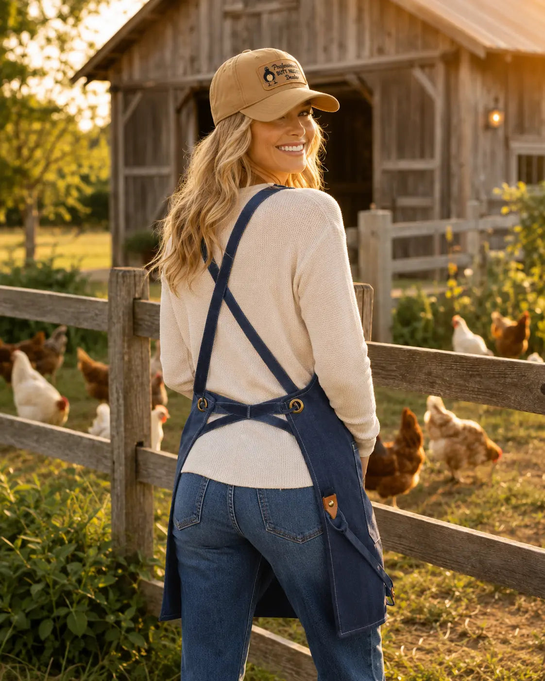 Back view of the navy Flock Around chore apron crossback straps