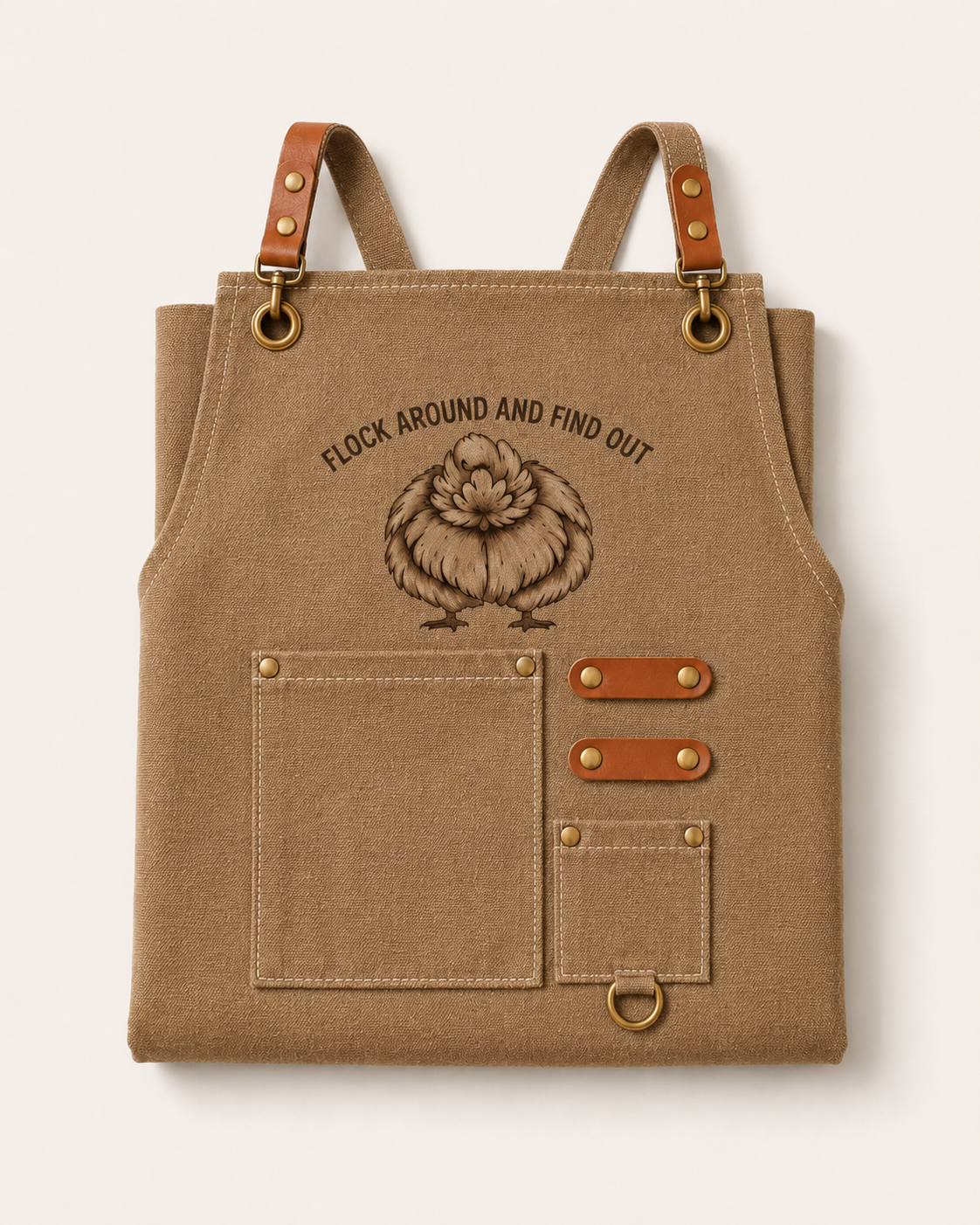 Flock Around Chore Apron in tan canvas, front view