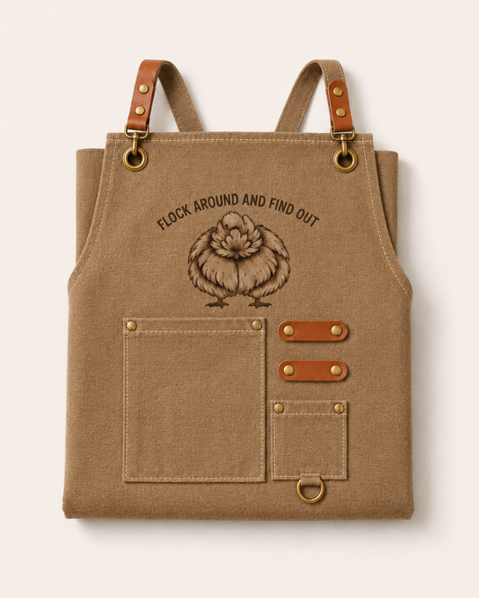 Flock Around Chore Apron in tan canvas, front view