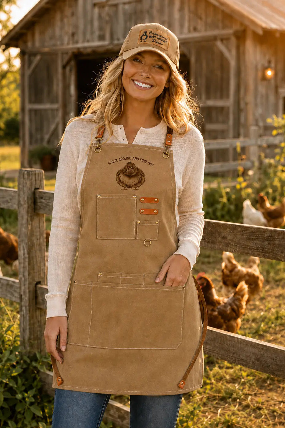 Woman wearing the tan Flock Around chore apron on a farm