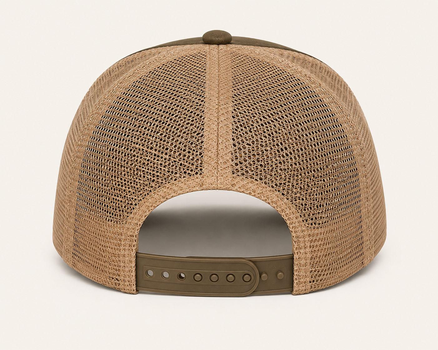 Olive trucker cap back with tan mesh and snapback closure