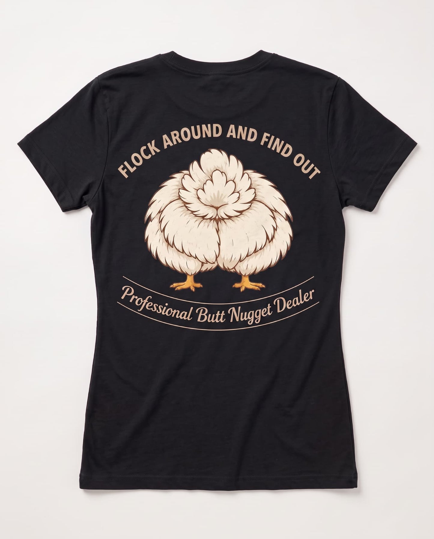 Black women's tee back view with full Flock Around and Find Out emblem
