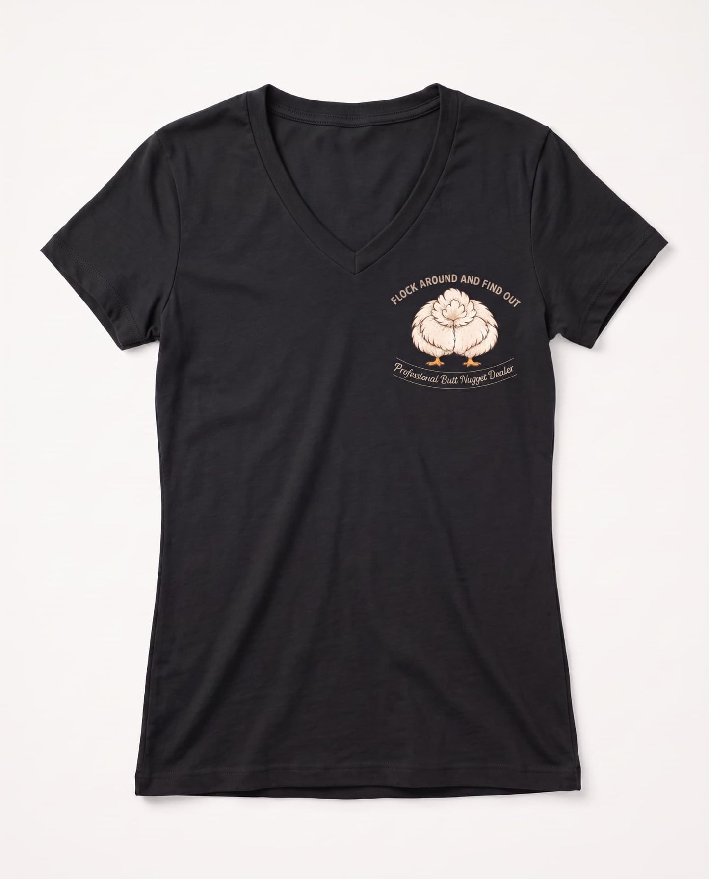 Black v-neck tee, flat front