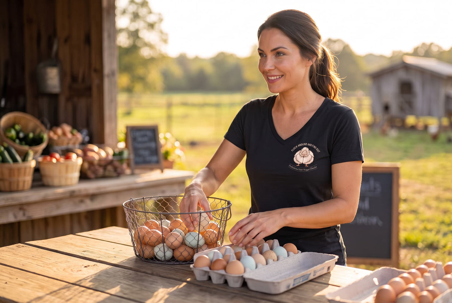 Black v-neck tee at the farm stand