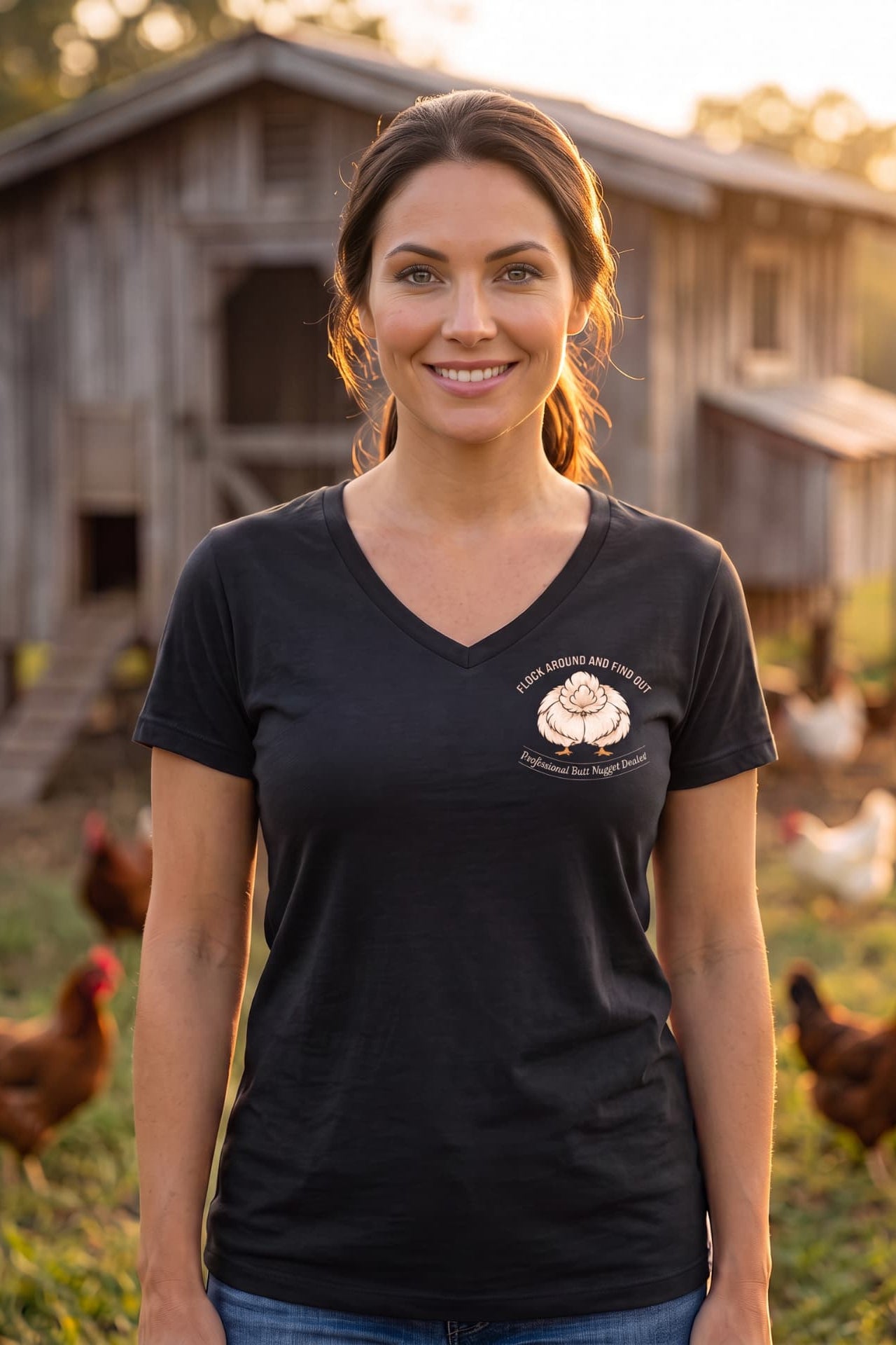 Model wearing black v-neck tee, front