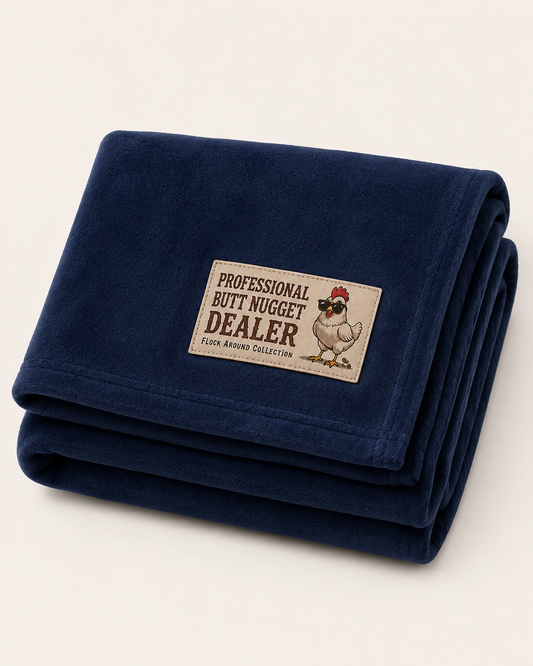 Flock Around fleece stadium blanket in navy, folded, with Professional Butt Nugget Dealer patch