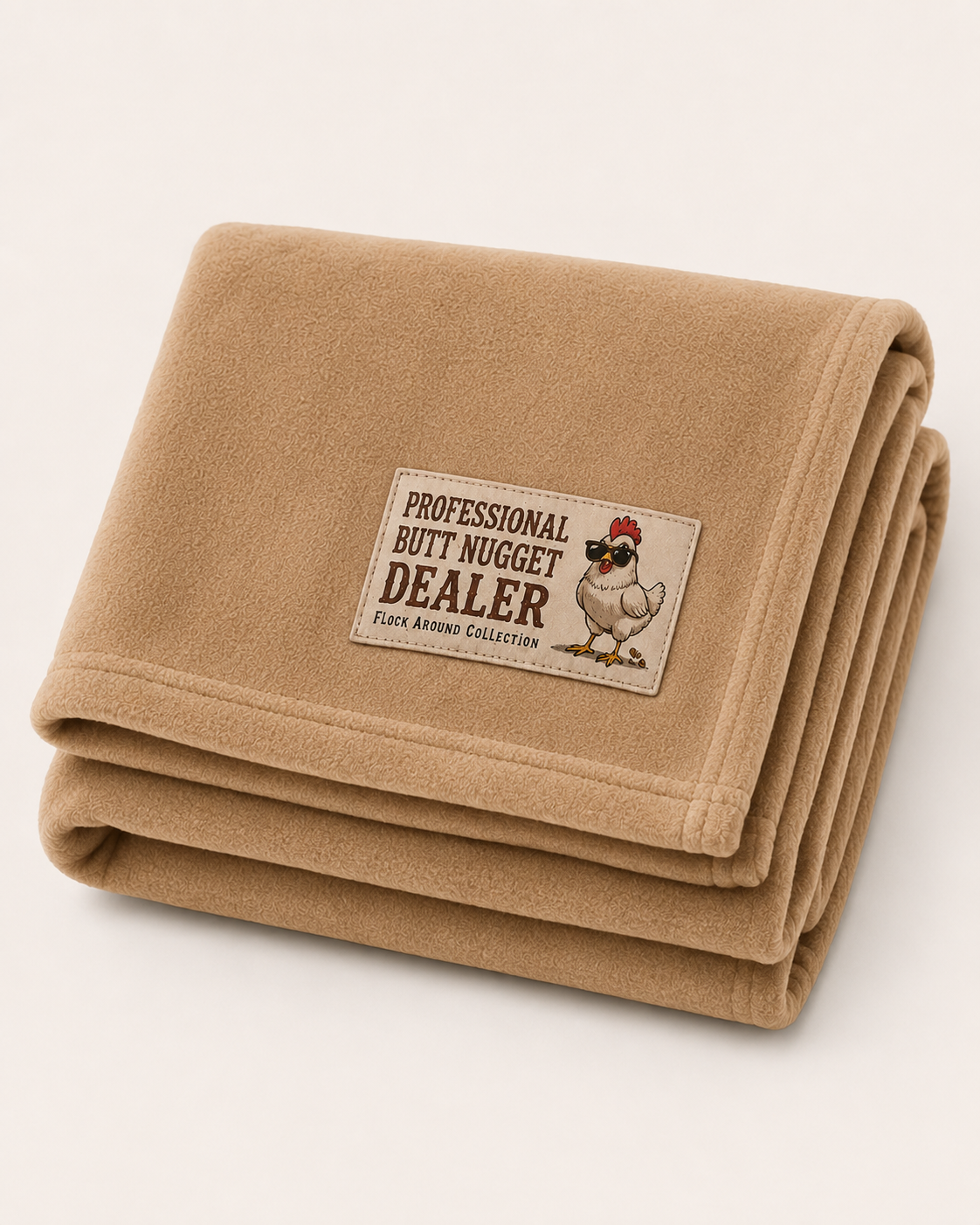 Flock Around fleece stadium blanket in tan, folded, with Professional Butt Nugget Dealer patch