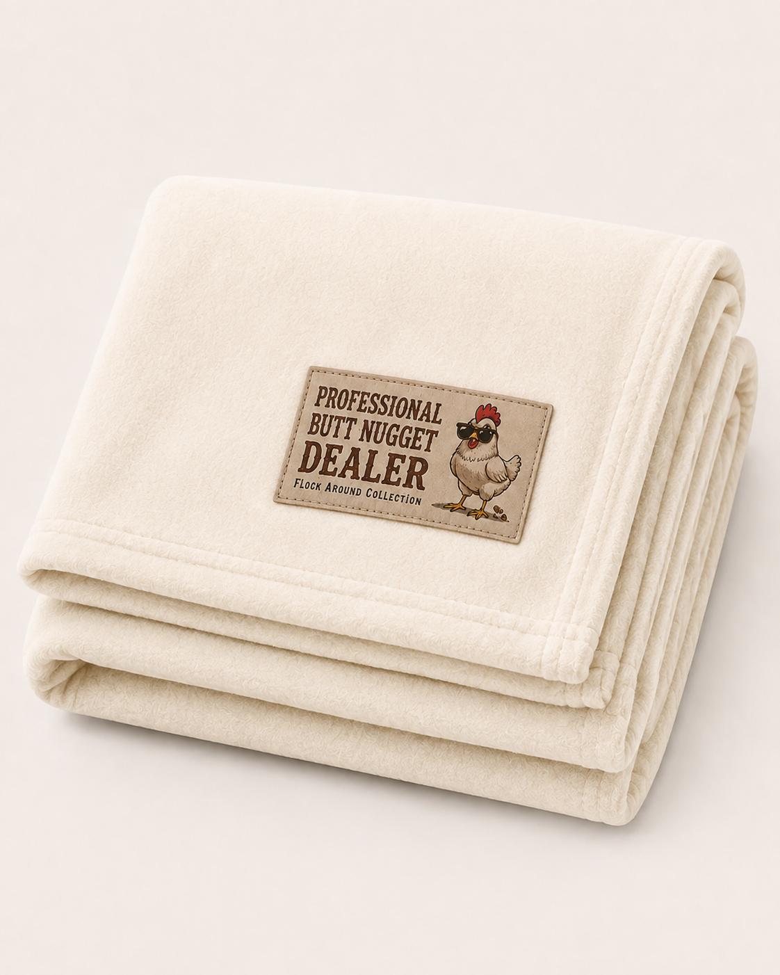 Flock Around fleece stadium blanket in cream, folded, with Professional Butt Nugget Dealer patch