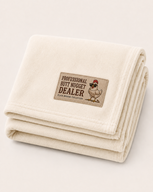 Flock Around fleece stadium blanket in cream, folded, with Professional Butt Nugget Dealer patch
