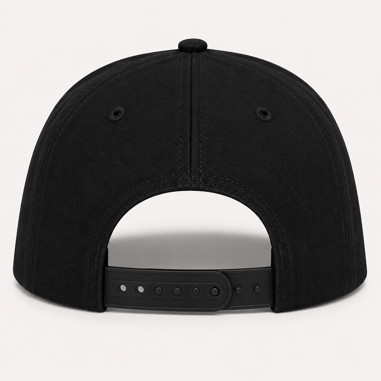 Black baseball cap back view with adjustable snapback closure