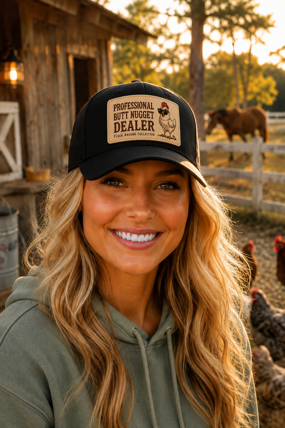 Model wearing black Professional Butt Nugget Dealer baseball cap on the farm