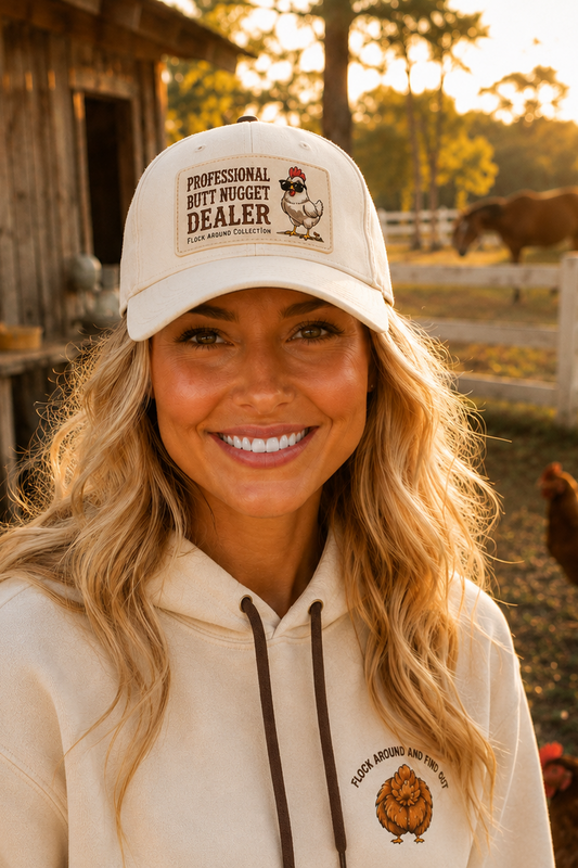 Model wearing cream Professional Butt Nugget Dealer baseball cap on the farm