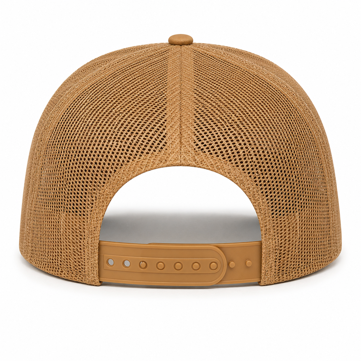 Khaki trucker cap back view with mesh panels and snapback closure