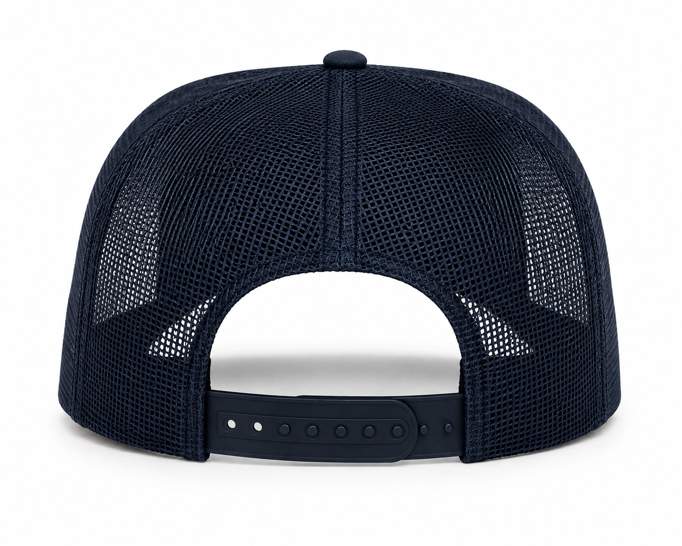 Navy trucker cap back view with mesh panels and snapback closure