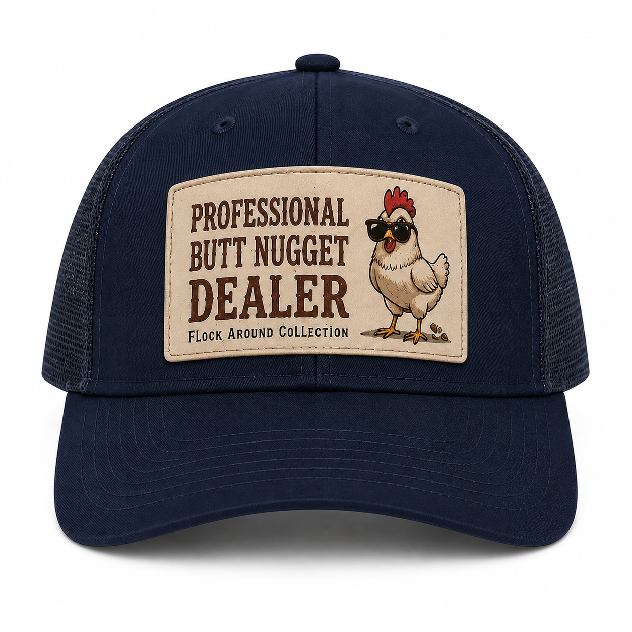 Professional Butt Nugget Dealer navy trucker cap front leather patch